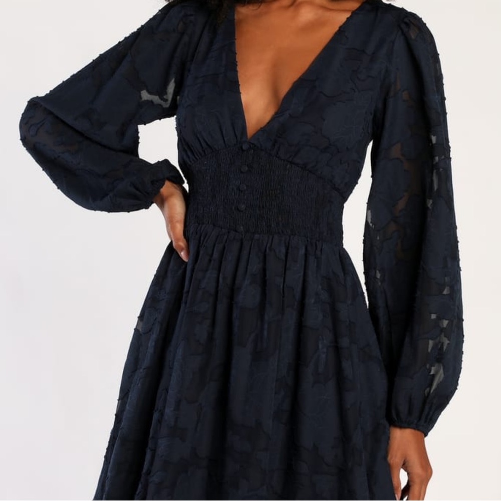Lulus Tomorrow and Always Navy Blue Burnout Floral Mini Dress long sleeve